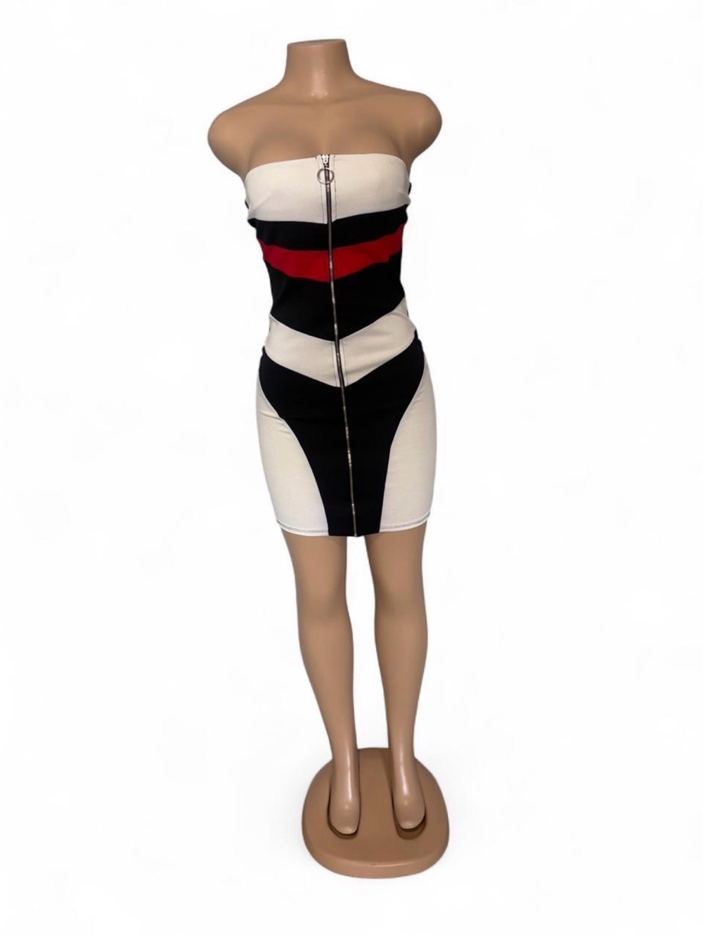 hello miss Strapless Colorblock Bodycon Dress in White, Black & Red